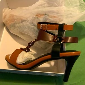 New Double Buckle Burgundy and Tan Sandals, Size 9 by Midnight Velvet